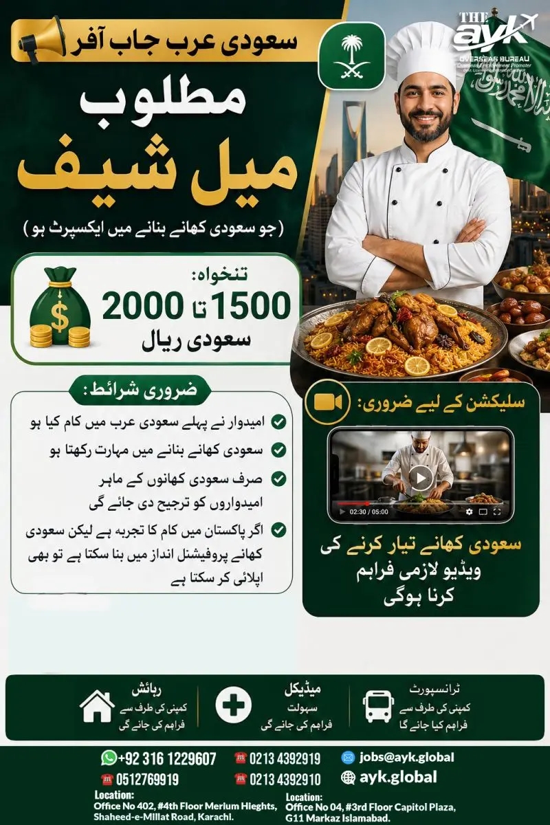 Male Chef Job in Saudi Arabia for Pakistanis 2026